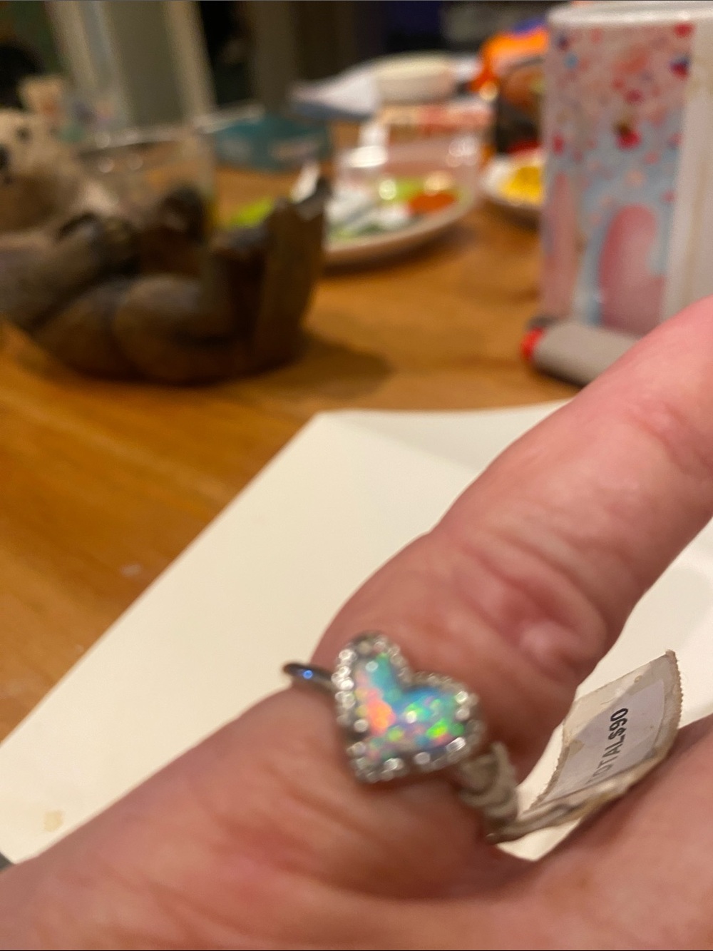 Silver Heart Opal Ring with Halo Accent - White Opalescent